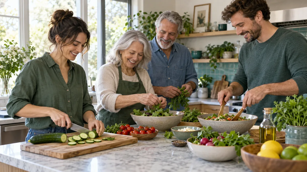 A multigenerational adult family preparing a meal together in a warm home kitchen