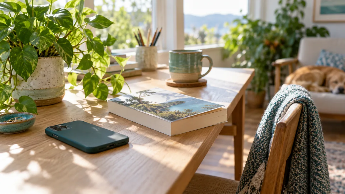 A smartphone set face down beside a paper book and houseplant on a sunny desk
