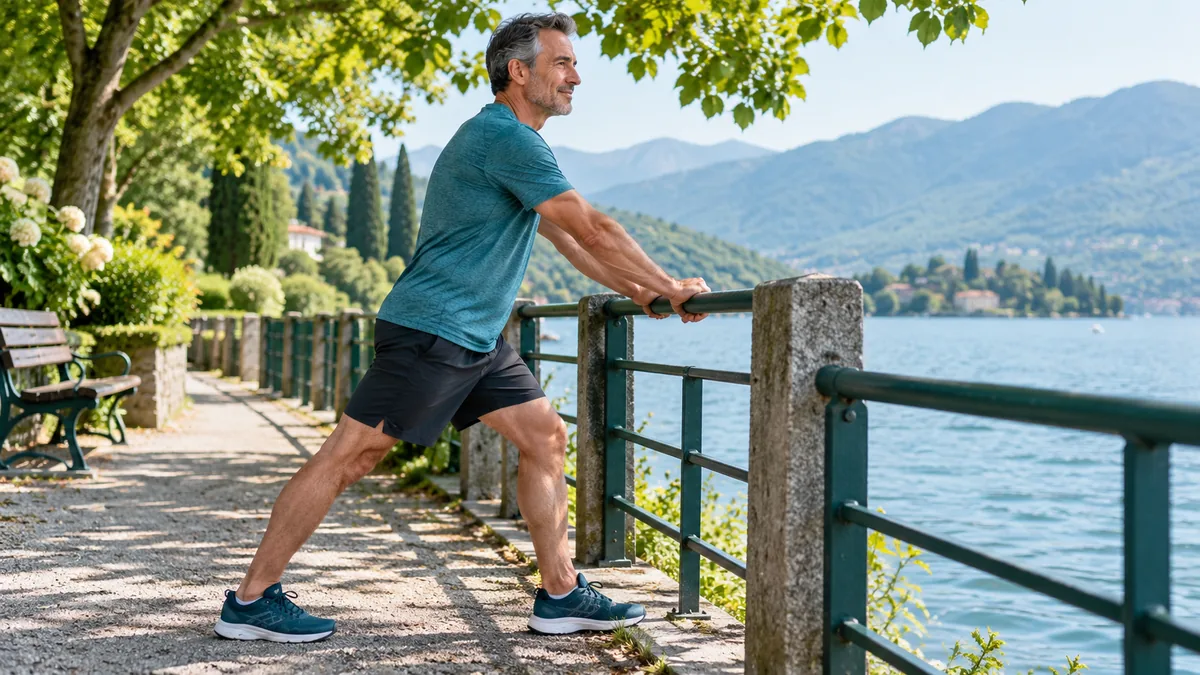 A middle aged man doing a gentle calf stretch beside a sturdy park railing