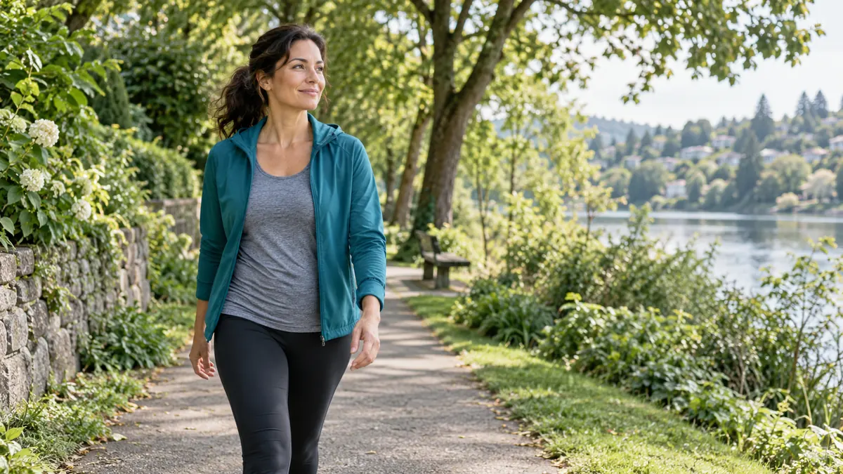 An adult woman walking at a relaxed brisk pace on a green neighborhood path