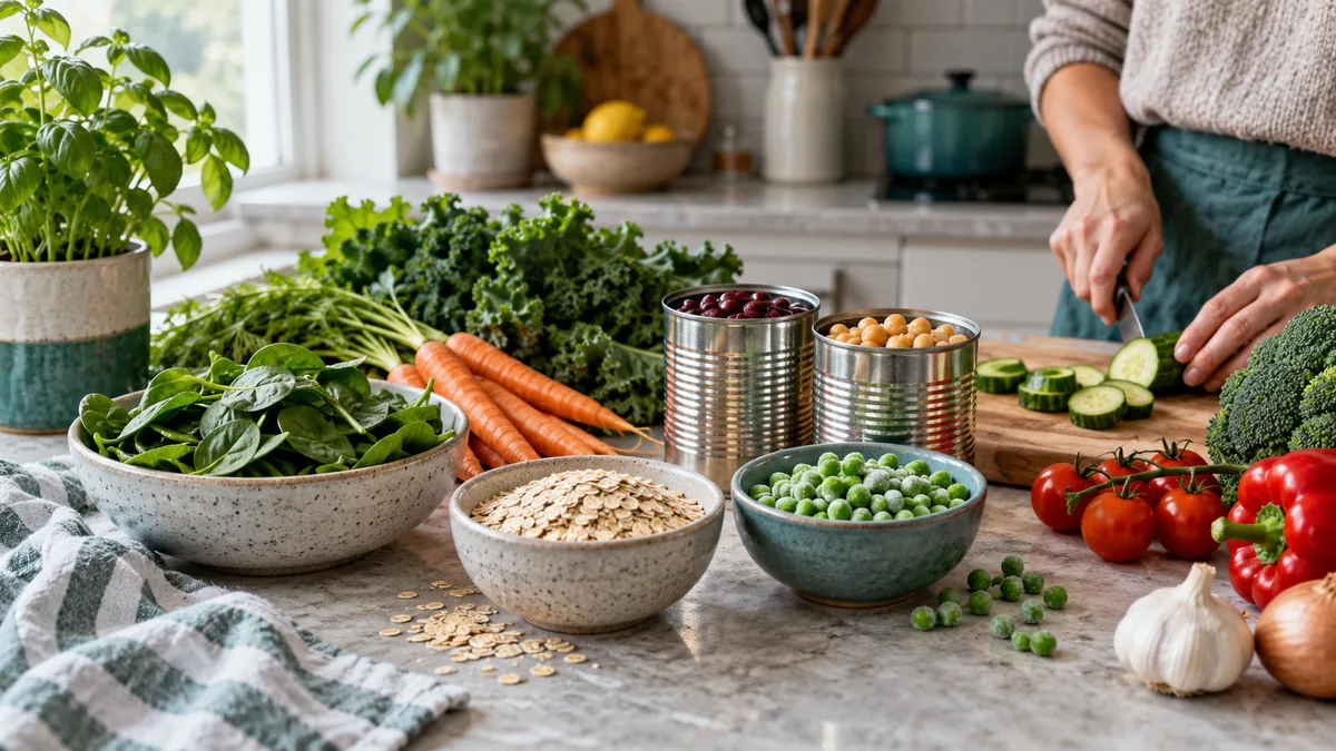 Fresh vegetables, canned beans, plain oats and frozen peas arranged together on a kitchen counter