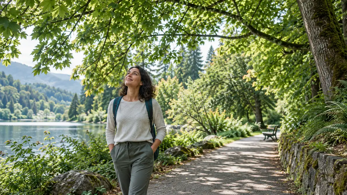 A person standing on a park path looking up at the green canopy on a mild day